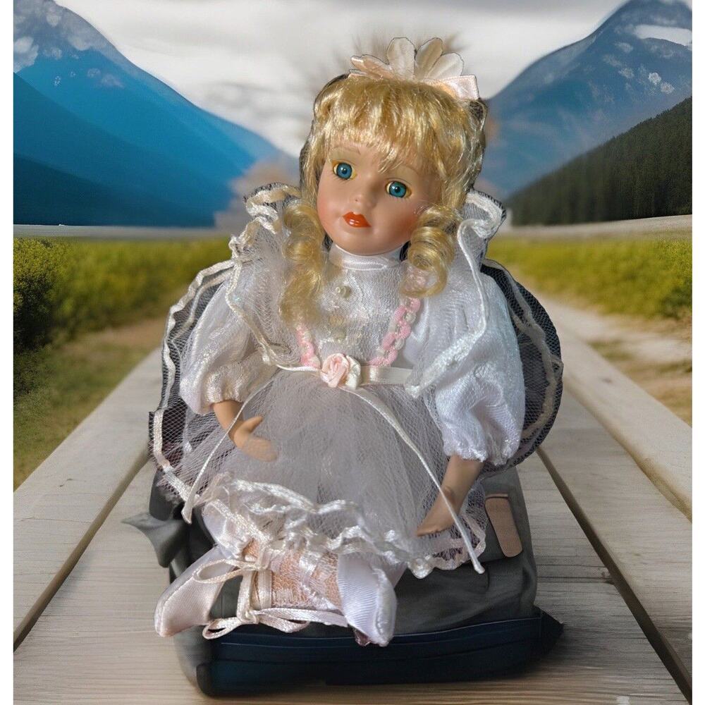 -DOLL Sitting Cross Legged Ballerina Blond Curls Blue Eyes White Dress